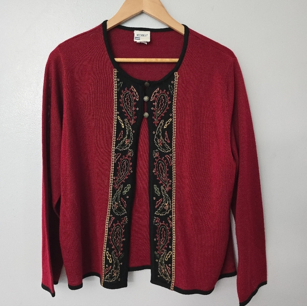 Vintage Cardigan Womens L? Koret Red Paisley Embroidered Long Sleeve Christmas